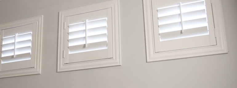 Square Windows in a Raleigh Garage with Plantation Shutters